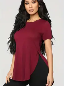 Short Sleeve Oversized T-Shirt, Side Slit Crew Neck Casual Top