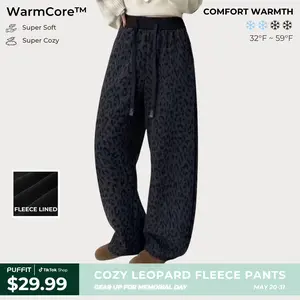 PUFFIT WarmCore Cozy Fleece Lined Leopard Pants, Flattering Fit, High Waist, Super Stretch, Ultra-Soft Feel,Soft, Fine Polar Fleece,Side Pockets,Casual Comfy Pants For Fall&Winter,Women's Trousers For Daily Weal