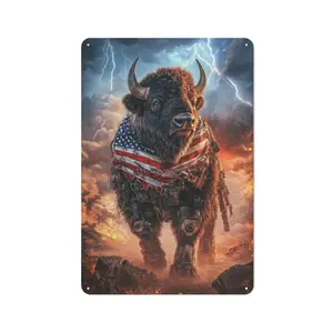 Cyber Bison "American Strength" Metal Wall Sign - Thunderstorm Battle Art | Ideal Gift for Patriotic Americans & Sci-Fi Fans