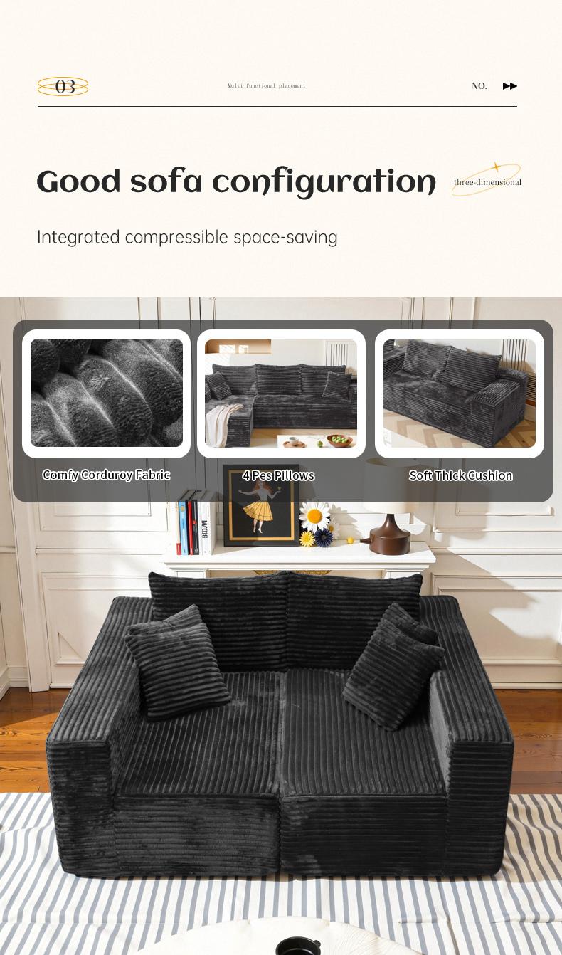 【2 Packages Shipping】135.8"L-Shaped Boneless Sectional Cloud Couch Corduroy Velvet Modular with Chaise No Assembly Required Sofa Living Room Furniture 105.9"