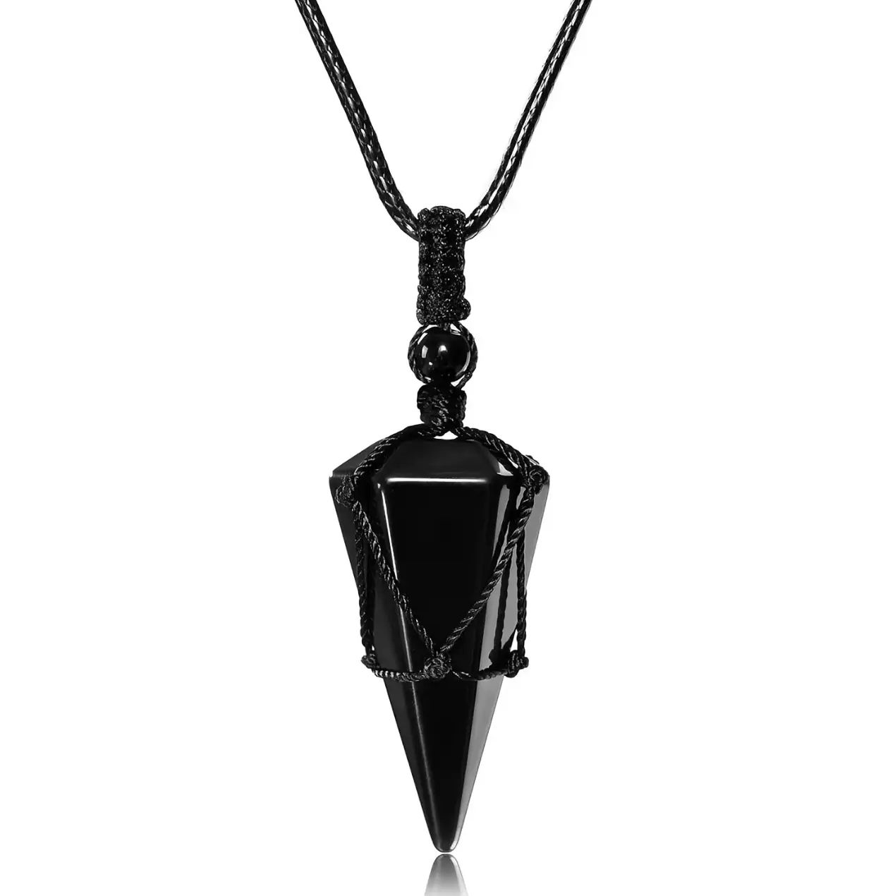 Natural Obsidian Pendulum Pendant Necklace, Hand-Woven Black Braided Adjustable Rope Chain, Gothic Boho Chic Crystal Gemstone Jewelry, Lightweight Streetwear Piece, Unique Gifts for Man, Spiritual Unique Jewelry for Men & Women
