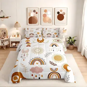 Feelyou Comfy Bedroom Bedding Set - Kawaii Boho Aesthetic Rainbow Design with Hand-Drawn Doodle Eyes, Moon, Sun, Cloud, Dream Catcher Comforter & Quilt, Lightweight Warmth, Multi-Size Options, Comfy Bedding Set