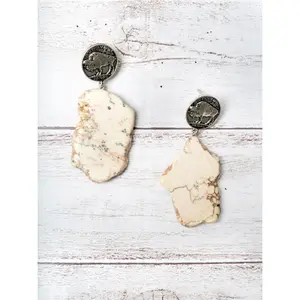 Cream Howlite Rock Slab Earrings with Genuine Buffalo Nickel Coins for Women Unique Vintage Charm Fashion Statement Jewelry