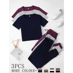 Women's Casual Homecoming Set, 3-Piece Short Sleeve Round Neck Top & Ankle-Length Pants, Comfortable Daily WearGift