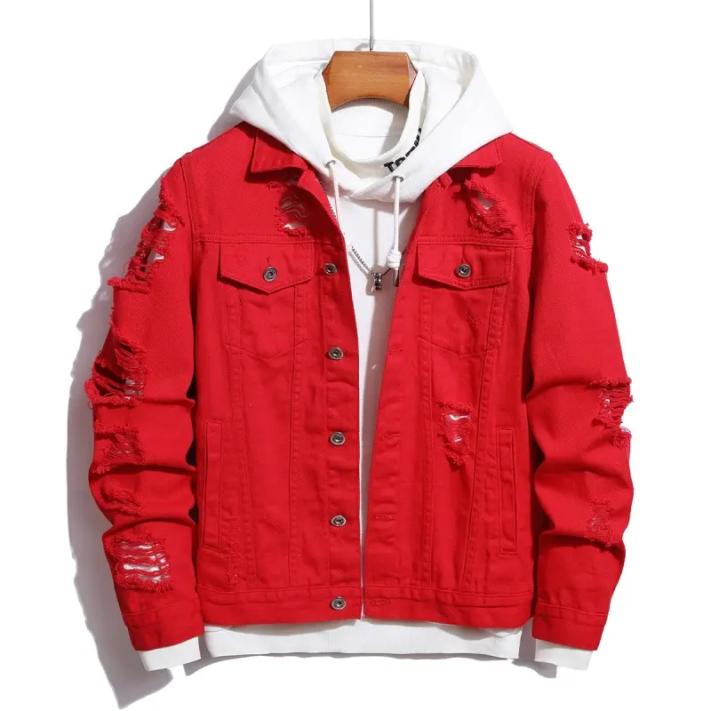 Men’s Red Stylish Jean Jacket - Edgy Full Length Long Sleeve Lightweight Menswear Outerwear for Spring/Autumn, Lapels, Multi-Position Rips, Frayed Detailing, Front Button Placket, Chest Patch Pockets, Distressed Patch Design, Trendy Street Casual