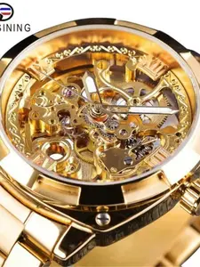 Luxury Men's Business Mechanical Watch, Automatic Winding, Hollow Design, Skeleton Automatic Watch, Waterproof Night Light, Stainless Steel Strap, Fashionable Gift