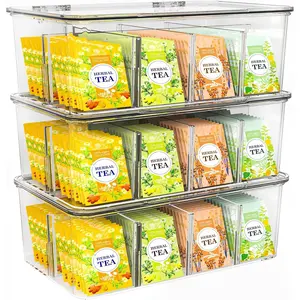 Tea Bag Organizer With Lids, Clear Pantry Storage Box - (3 Pack) Stackable Partition Organizers or Holder With Lids For Drawers, Countertops, Fridge, Kitchen, Snack & Spice Organization
