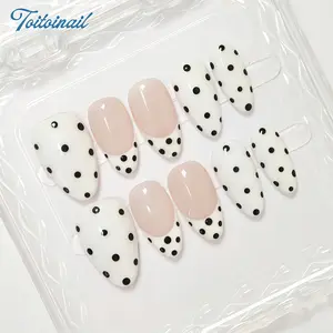 10 Pcs Handmade Press-On Wearable Nails, Stick on nails, Wearable Nail Art, Short Nails, Almond-Shaped Nails, White Nails, Nude Pink Nails, Black Polka Dot Embellishments, Sweet Style, Playful Nails, Simple Nail Art Nail Supplies Nails