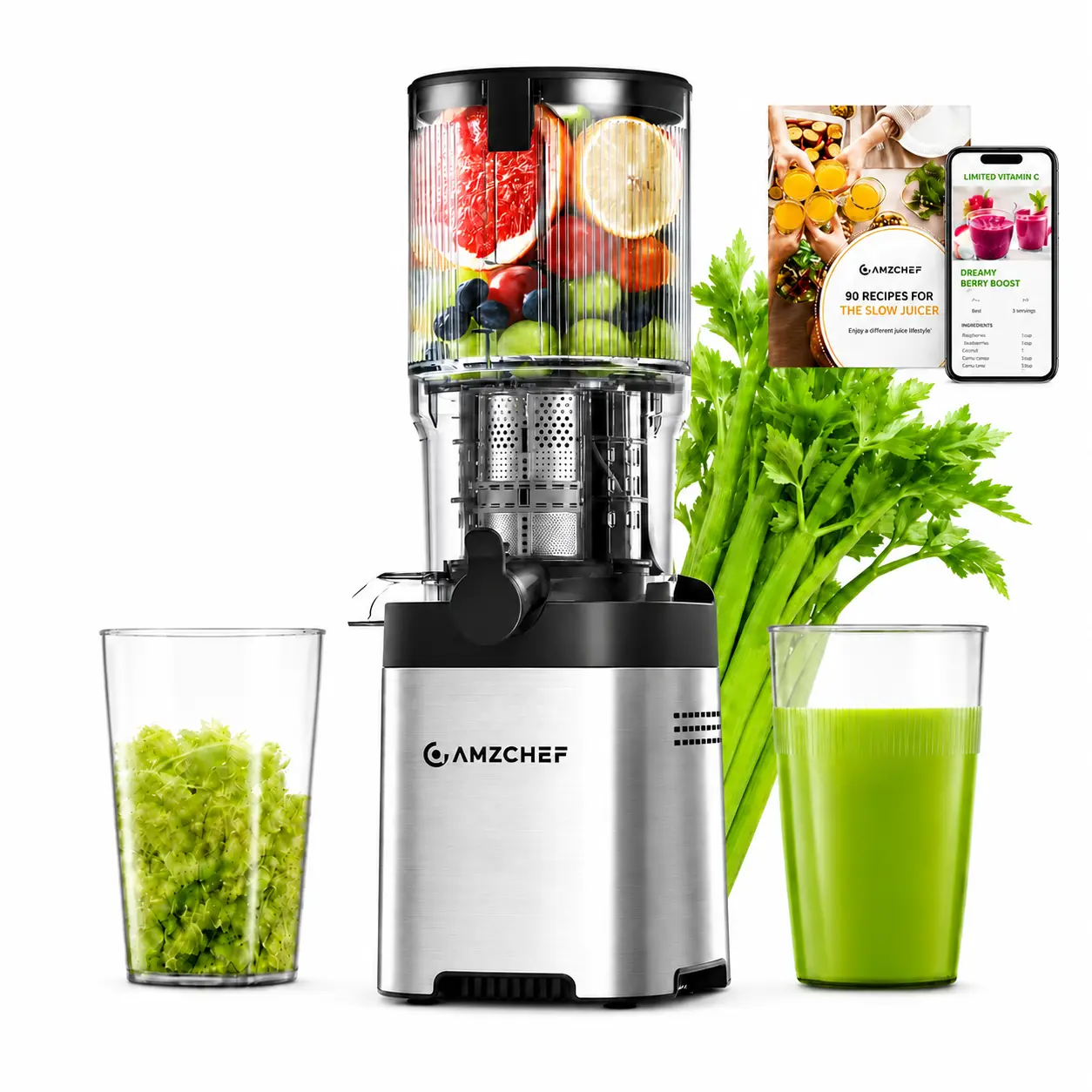 AMZCHEF 5.4-Inch Wide Feed Chute Cold Press Juicer, Slow Masticating Juicer for Fruits & Vegetables, No Cutting Needed, Easy Clean, Anti-Drip, Reverse Function