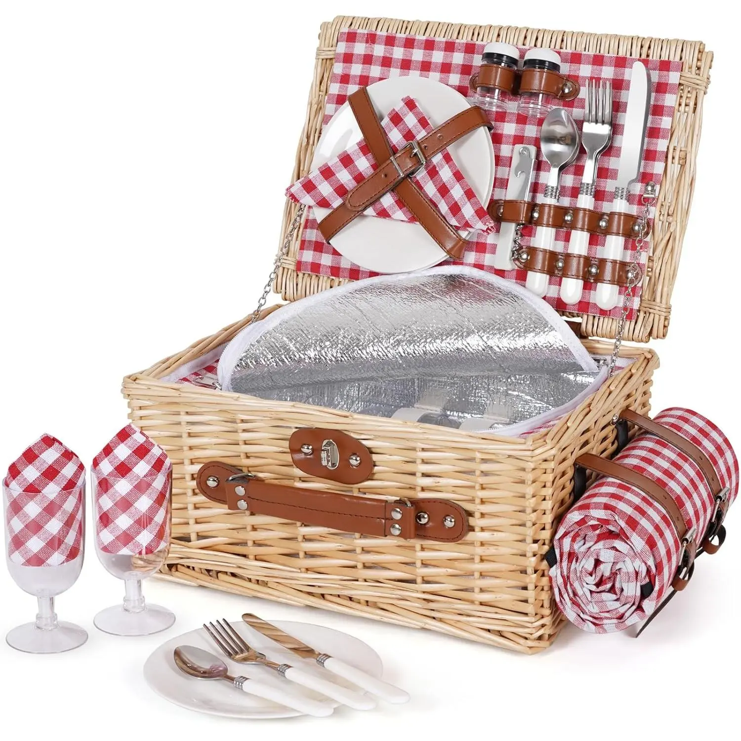 Vintage Willow Weave Picnic Basket Set for 2 - Handmade Wicker Hamper with Waterproof Blanket, Insulated Liner, Cutlery Kit, Ideal for Outdoor Picnic, Camping, Halloween, Christmas, Birthdays