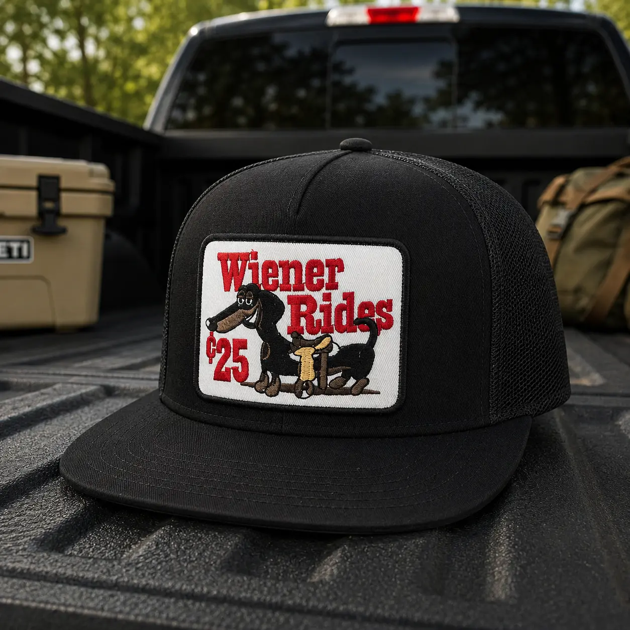 Wiener Rides 25 Dachshund Trucker Hat Funny Wiener Dog Patch Snapback Cap Black Mesh Hat Gift for Dachshund Lovers Men Women