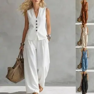 Women's 2-Piece Solid-Colored Casual Linen Set, V-Neck Sleeveless Vest, Wide-Leg Pants