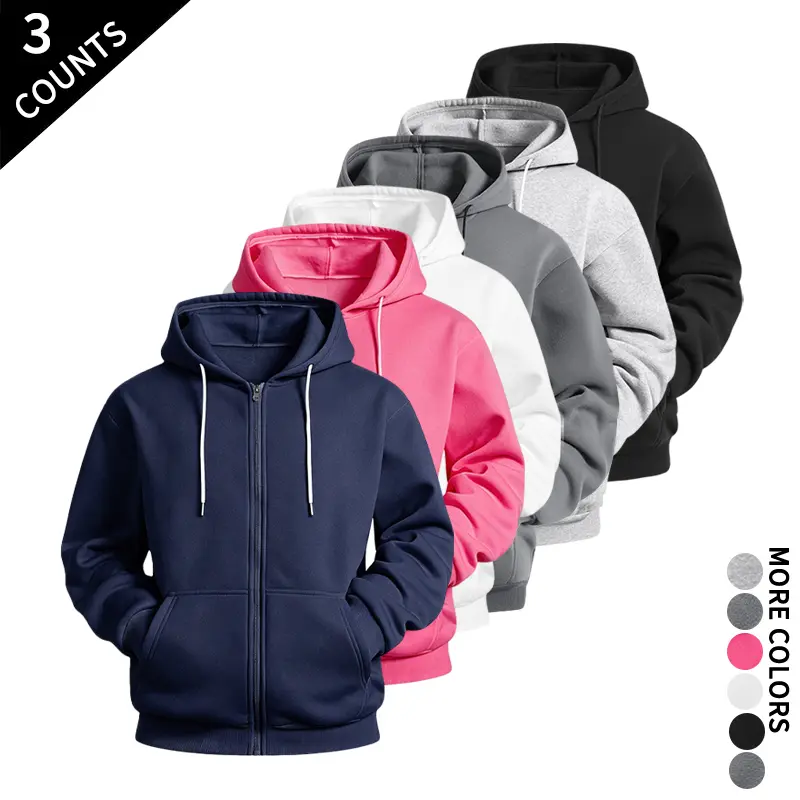 3 Pack Solid Color Zip Hood Sweatshirt for Men & Women, Loose Cardigan Jacket Style — Versatile Basic Casual Top for Campus, Commuting, Home, and Running
