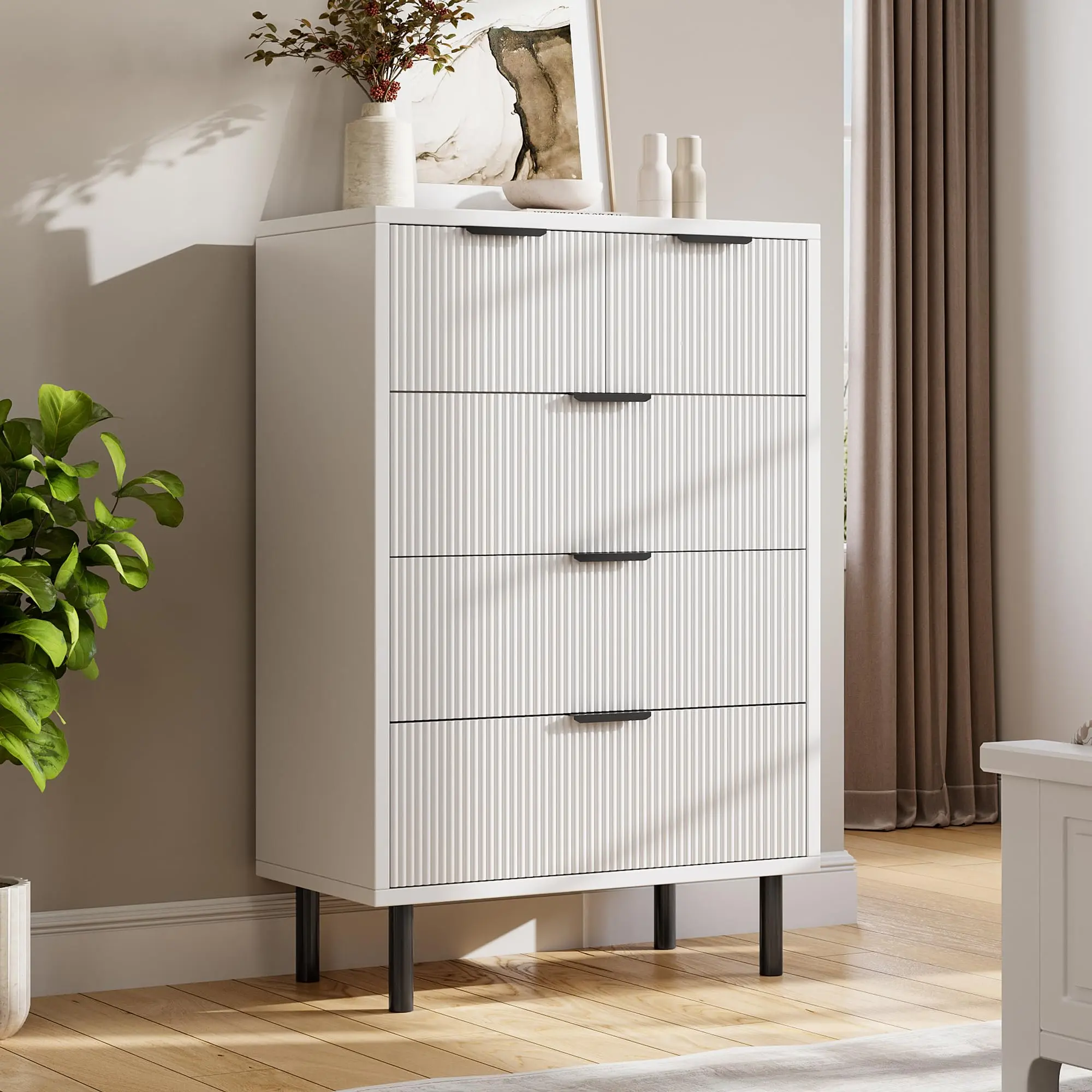 Garvee Modern 5-Drawer Wooden Dresser with Deep and Wide Drawers, Anti-Tip Safety Device, and Metal Legs, Ideal for Bedroom, Closet Organization, Hallway, and Entryway in Black Fluted Design