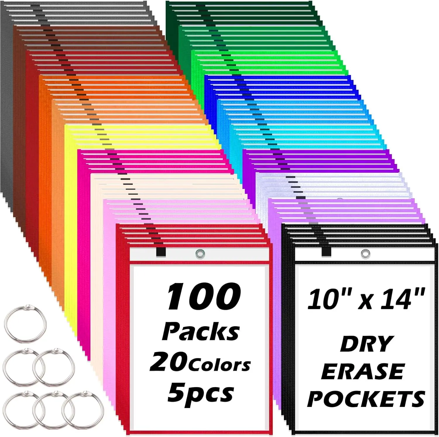 Oleitodh 100 Packs Oversized Reusable Dry Erase Pocket Sleeves with 6 Rings, 20 Assorted Colors 10x14 Ticket Holders, Clear Plastic Sheet Protectors, Teacher School Classroom Supplies