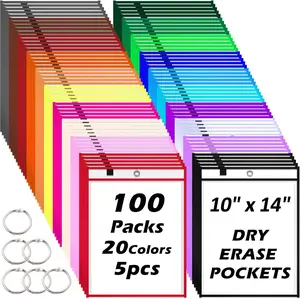 Oleitodh 100 Packs Oversized Reusable Dry Erase Pocket Sleeves with 6 Rings, 20 Assorted Colors 10x14 Ticket Holders, Clear Plastic Sheet Protectors, Teacher School Classroom Supplies