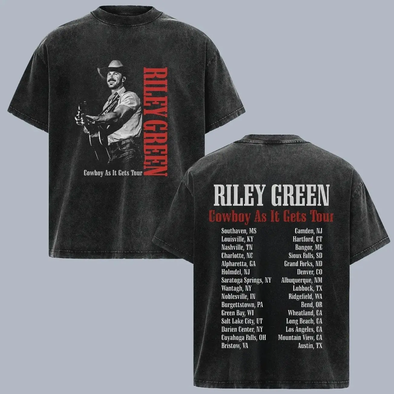 Riley Green Cowboy As It Gets Tour Vintage Washed T Shirt, Double Sided Country Music Concert Tee, Tour Dates Graphic Shirt, Western Cowboy Nashville Style Apparel, Oversized Heavyweight Unisex Country Fan Gift 3CH