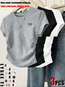 3pcs/1pc women's casual fashion slim fit small bow print details simple solid color pleated pullover shirt women's round neck short sleeved three piece T-shirt Top Womenswear