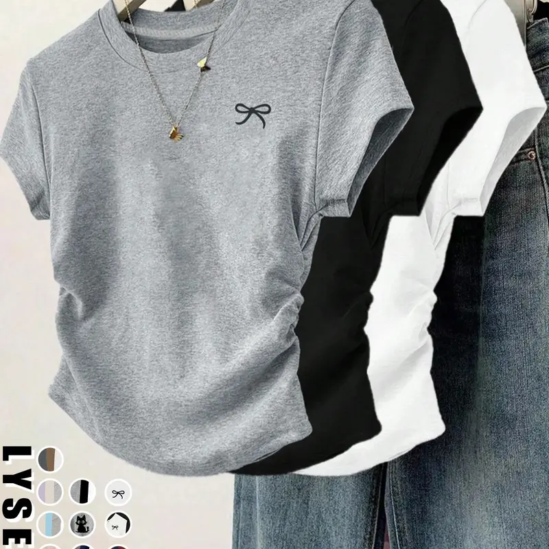 【Black Friday】1/3-Piece Women's Casual Fashion Bow Print T-Shirt, Slim-fitting Ruched Short Sleeve Round Neck Tee, Top for Women
