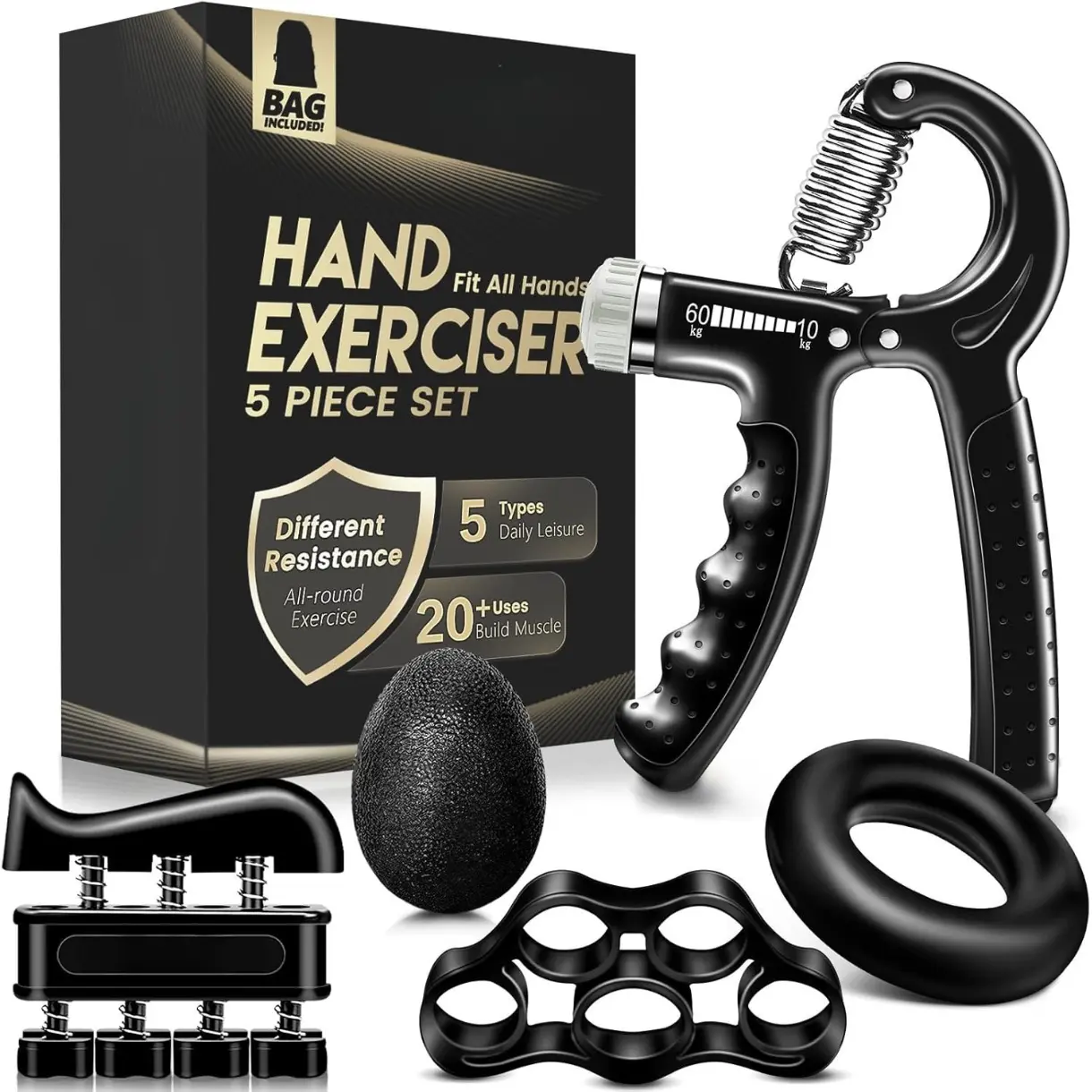 5 Pack Hand Grip Strengthener Workout Kit, Forearm Grip Adjustable Resistance Hand Gripper, Finger Stretcher, Finger Exerciser, Grip Ring & Stress Relief Grip Ball for Athletes