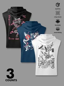 Men's Tokyo Style Hooded Sleeveless Tank Top Set, Sporty Loose-Fitting Gym Wear, Three-Piece with Letter Pattern