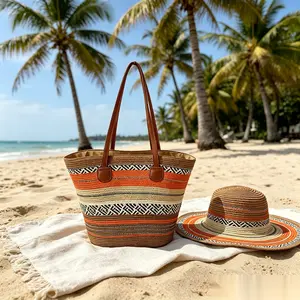 Women's 2-Piece Boho Woven Beach Tote Bag & Matching Sun Hat Set for Outdoors