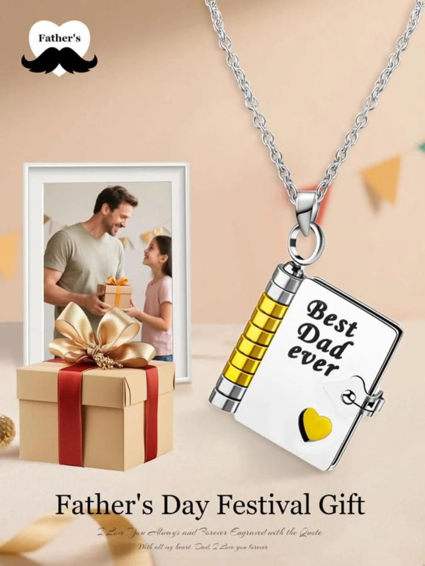 Father's Day Gift: Openable Book Pendant Necklace with "Best Dad Ever" Engraving, Titanium Steel Two-Tone Design, "Dad, I Will Always Love You" inside, heartfelt keepsake, Heartfelt message, gift for dad/husband, daily wear & occasions
