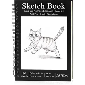 7.5 x 5.1 Inch Sketch Book, 50 Sheets,100gsm, Spiral Bound Black Hardcover with Black Cover, Ideal for Sketching and Drawing