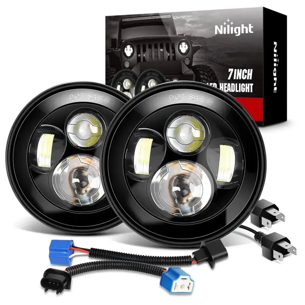 Nilight 7-in Round LED Headlight Bulbs with High-Low Beam, IP67 Waterproof Aluminum Housing, Plug-and-Play Motorcycle Accessories, Adaptors for Jeep Wrangler JK TJ JL CJ 1997-2020 Rubicon Sahara, Hummer H1 H2