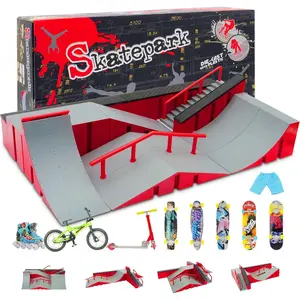 Finger Skateboard Park Kits 9 in 1, Finger Skateboard Ramp Set with 5 Fingerboards, Finger Scooter, Finger Bike, Finger Skateshoes and Finger Pants, Skateboard Toys Christmas Birthday Gift for Kids