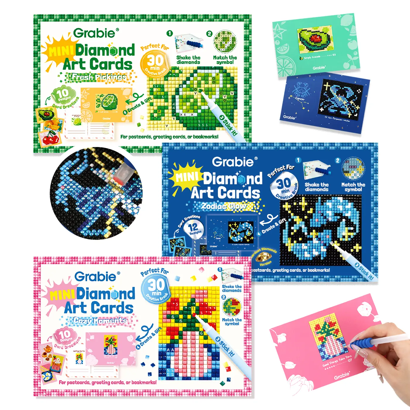Grabie Mini Diamond Art Craft Kit - Beginner-Friendly Creative Designs, 700gsm Cardstock, Display-Worthy Polished Art Supplies for Back to School Class Reward Gifts