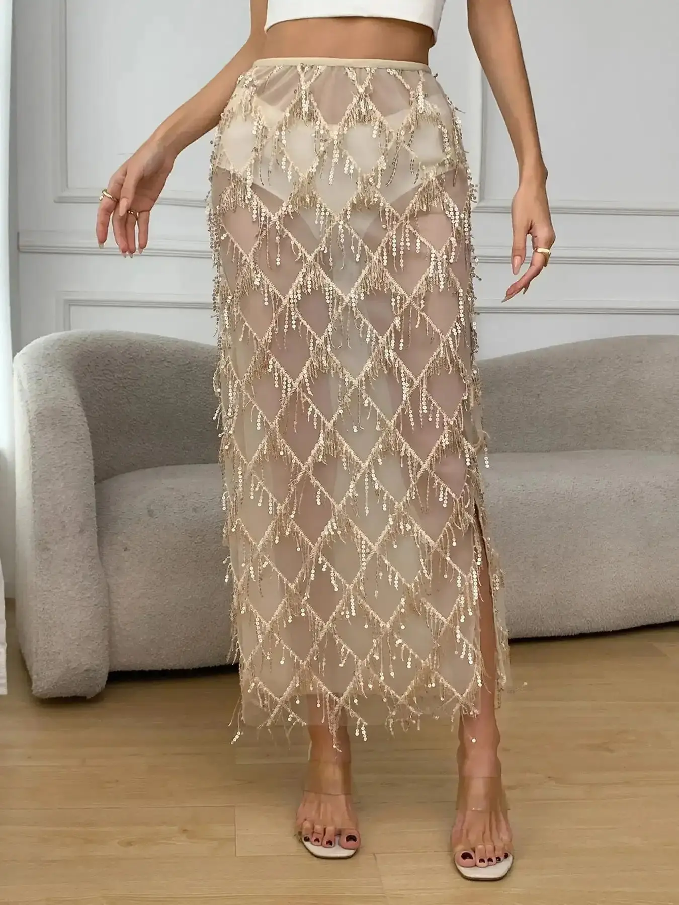 Mesh Diamond Grid Sequins Fringe Skirt, Sheer, Fit, Womenswear, Cool, Elegant and Glamorous, Perfect for Trendy Parties, Light Social Events, Bestie Gatherings, Easy Styling, Casual Chic, Style Essential