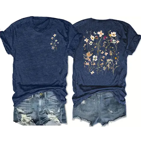 Boho Floral Print T-Shirt for Women, Womenswear, Vintage Style Summer Casual Day Vibe Top, Round Neck Short Sleeve, Comfortable Breathable Fit S-Xxl, Fitted, Casual Tee Shirts