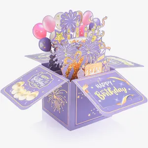 Surprise Pop Up Happy Birthday Cards, Lovely 3D Birthday Card for Adults and  with Envelopes,  Design Handmade Foldable Greeting Cards for Daughter, Son, Mom, Dad, Friend(Purple)