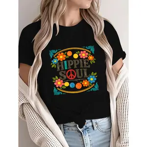 Free-Spirit Groovy Floral Tee – Hippie Soul Peace Sign, Casual Short Sleeve Top