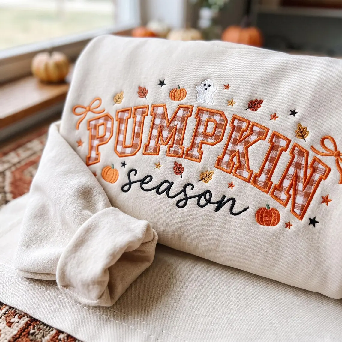 Pumpkin Season Embroidered Sweatshirt, Gingham Applique Fall Crewneck, Autumn Cozy Pullover Gift, Cozy Fall Crewneck, Thanksgiving Gift