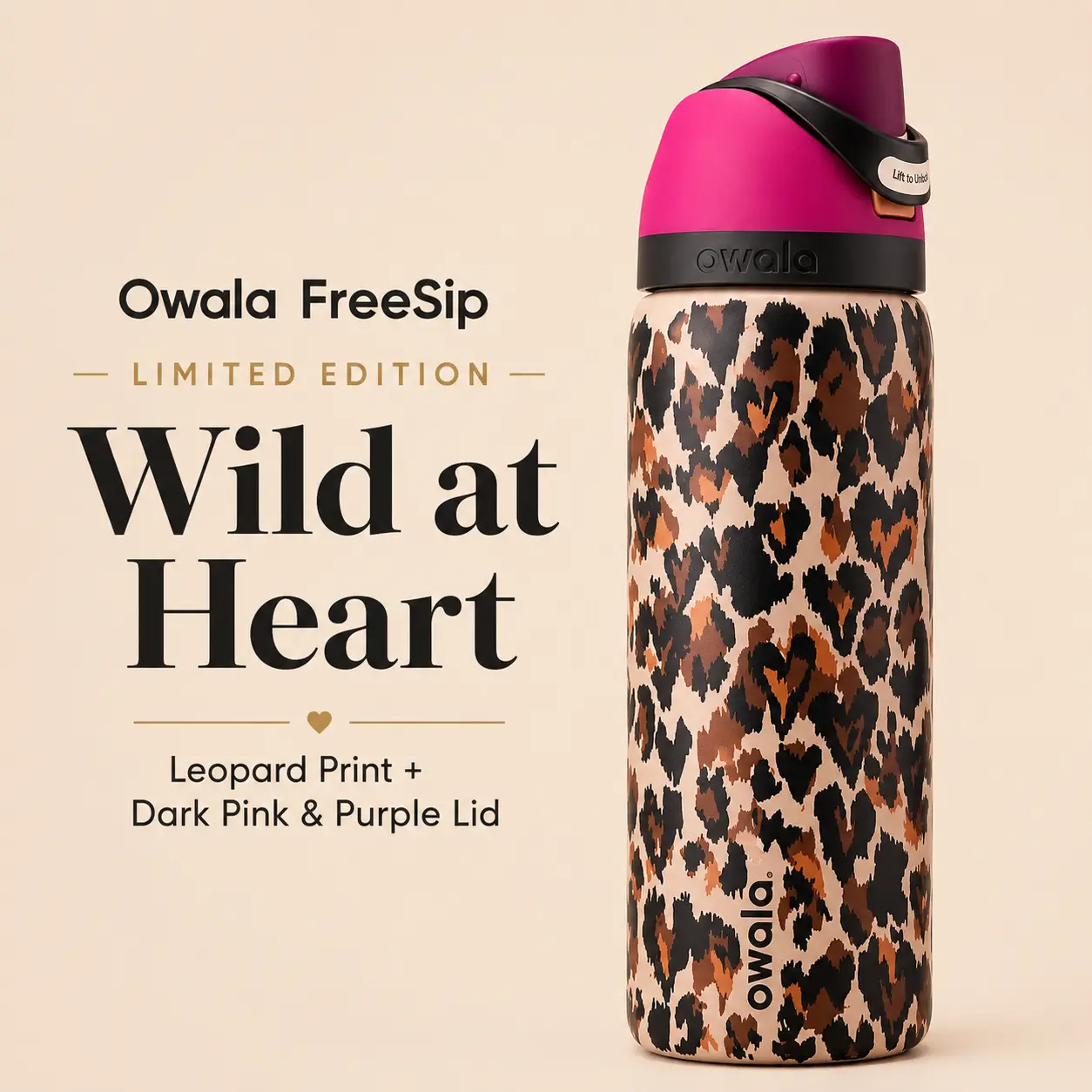 Owala FreeSip Limited Edition Wild at Heart Leopard Print Dark Pink & Purple Lid Water Bottle Owala FreeSip Limited Edition Wild at Heart Leopard Print Dark Pink & Purple Lid Water Bottle