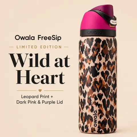 Owala FreeSip Limited Edition Wild at Heart Leopard Print Dark Pink & Purple Lid Water Bottle