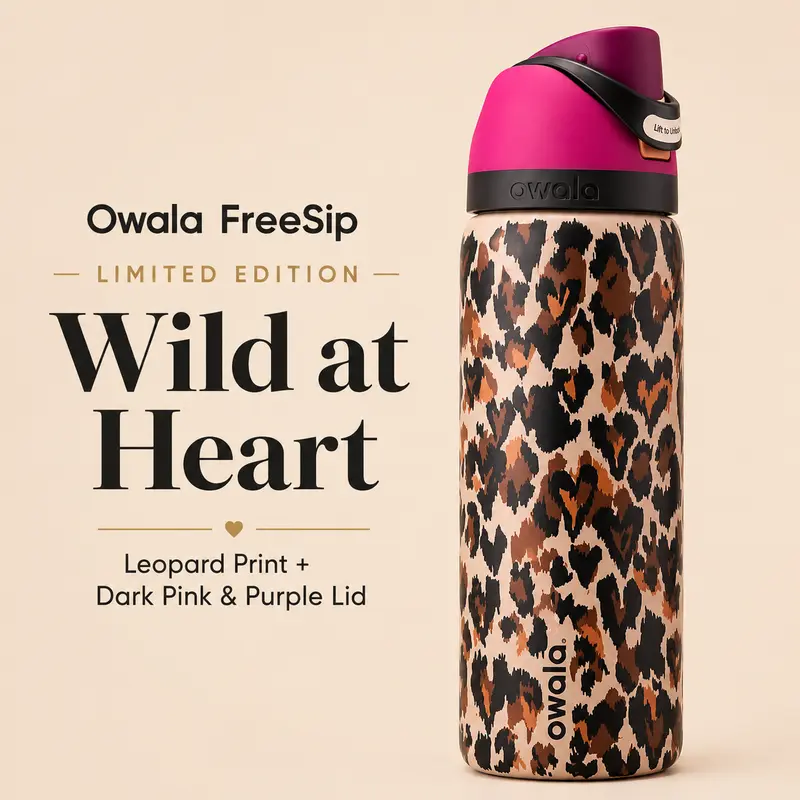 Owala FreeSip Limited Edition Wild at Heart Leopard Print Dark Pink & Purple Lid Water Bottle
