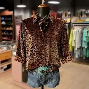 Leopard Print Collared Three Quater Sleeve Velvet Top Womenswear Fashion Blouses Shirts Elegance Soft Cute Fall Outfits