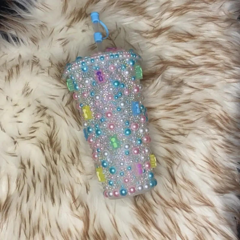 Gummy Bear Skeleton tumbler Lightweight Hand Beaded Plastic Tumbler with Colorful Beads and Blue Lid
