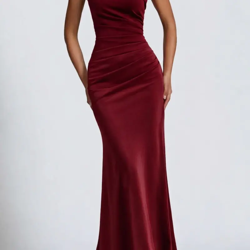 Women One Shoulder Maxi Dress Elegant Sleeveless Bodycon Long Dress Ruched Waist Slim Fit Evening Gown Stretchy Satin Fabric Formal Dress for Wedding Guest Cocktail Party Date Night Holiday Vacation Formal Wear Elegance