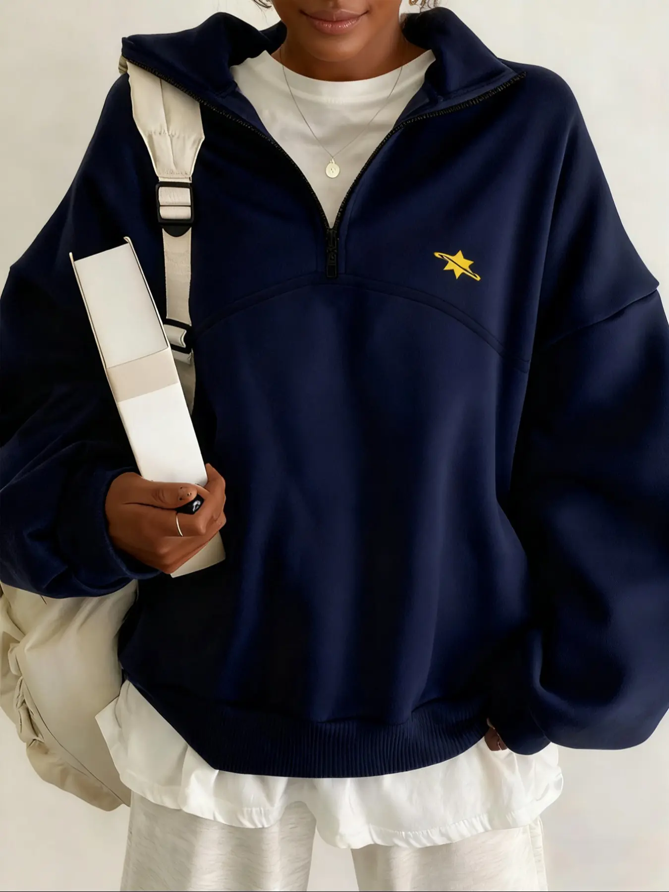 Women's Casual Loose Half-Zip Stand Collar Pullover Hoodie, Embroidered Star Pattern, Fall & Winter Fashion, Outdoor Sports, Commuting, Daily Wear, Everyday, Womenswear