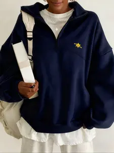 Women's Casual Loose Half-Zip Stand Collar Pullover, Embroidered Star Pattern, Fall & Winter Fashion, Outdoor Sports, Commuting, Daily Wear, Everyday, Womenswear