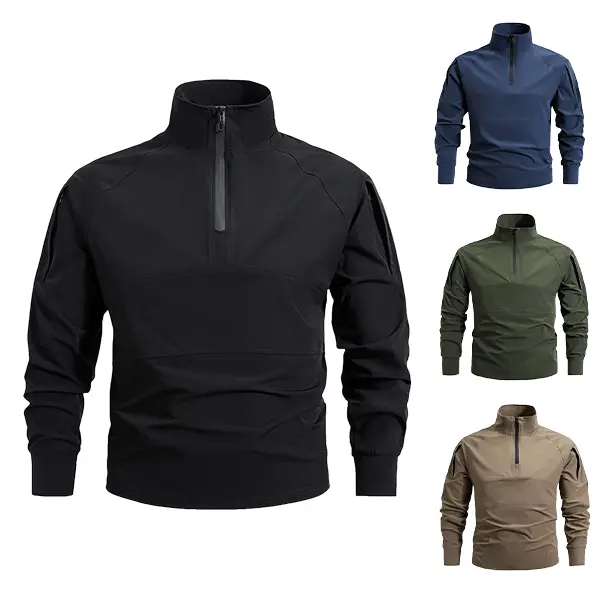 Men's Minimalist Fitted Quarter-Zip Stand Collar Long-Sleeve Pullover Top - Lightweight, Stretchy, Raglan Sleeves, Zippered Pockets, Half-Zip Design, Longsleeves Style