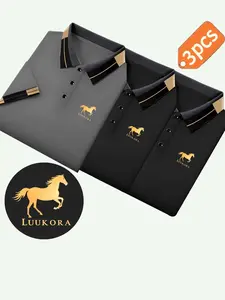 3-Pack Men's Fashion Business Casual Short Sleeve Shirts, Menswear, Mixed Colors, Breathable, All Seasons, Polyester Material, Holiday Gift