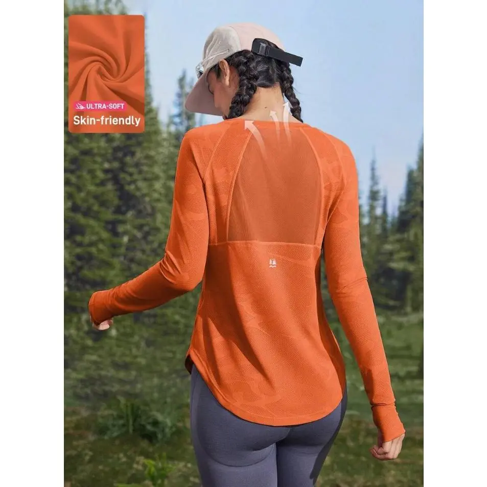 VARSIA Burnt Orange Summer Athletic Vacation Wedding Women's Mesh Patchwork Short Sleeve Sports T-Shirt,Open Thumbhole Breathable Yoga Fitness Hiking Top