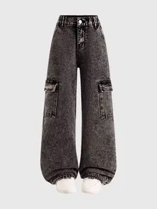 Girls Yk2 Washed Denim Jeans Pants, Workwear Streetwear Flap Pockets High Waist Loose Fit, Summer Vintage Clothing, Comfortable and Stylish