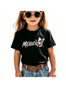 Kids Cotton Mexico Butterfly T-Shirt Mexican Flag Toddler Girls Mexican Independence Day Tee Short Sleeve