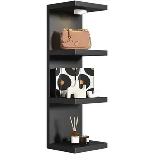 4-Tier Wall Shelf Unit with USB Rechargeable Led Light (Remote Controlled),Versatile Floating Display Shelves,Lack Style Wall Shelves for Bedroom,Living Room,Office Decor,Vanity-Black